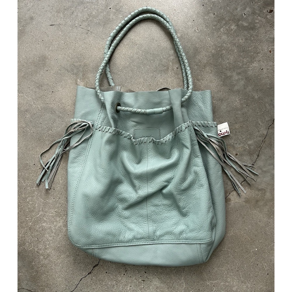 Free People Jolene Leather Fringe Braided Strap Tote Handbag Mint Green Seafoam